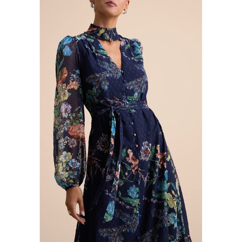 Lulus Fallyn Navy Floral Swiss Dot Long Sleeve Midi Dress Choker Neck M 2846